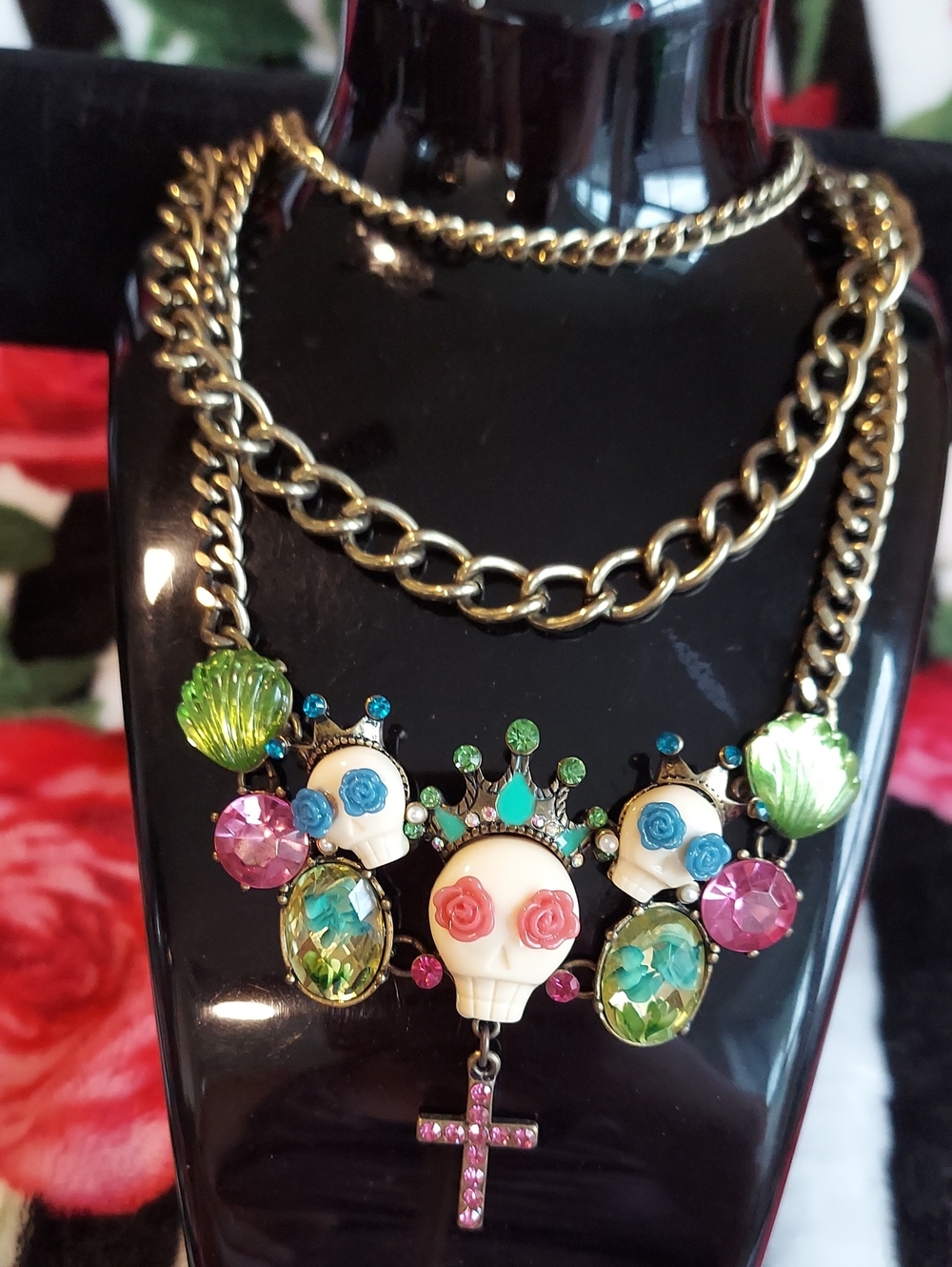 Betsey Johnson Antique Gold Toned Statement Skull Pendant Necklace